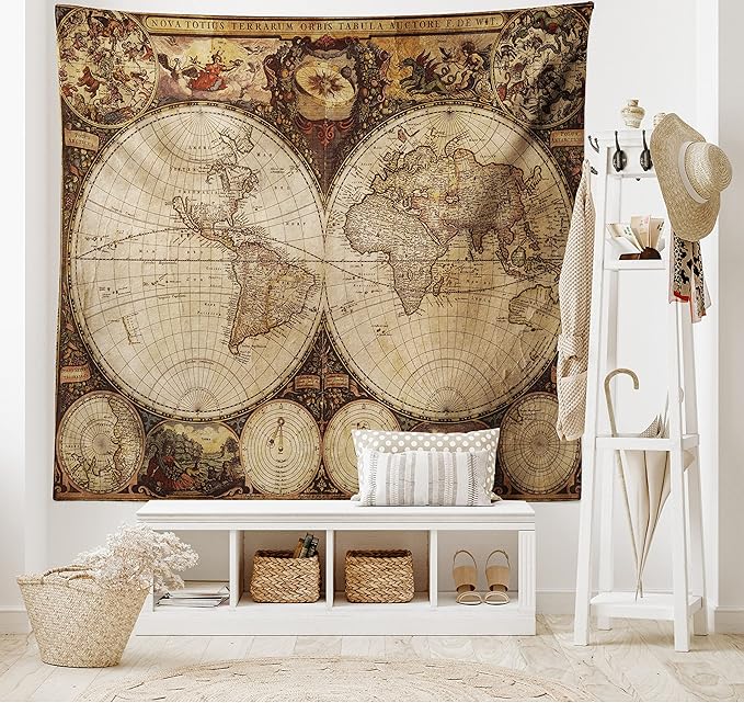 Ambesonne World Map Tapestry King Size, Old World Map Drawn in 1720s Nostalgic Style Art Historical Atlas Vintage Design, Wall Hanging Bedspread Bed Cover Wall Decor, 104" X 88", Multicolor