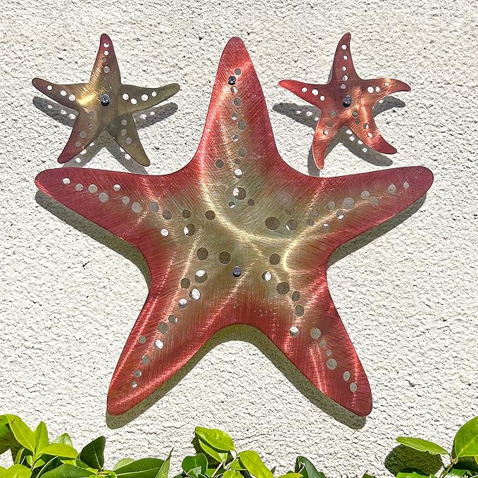 LiveInUrban Coastal Wall Art Starfish Metal Wall Sculptures, Ocean Beach Themed Metal Hanging Home Decoration 3PCS 15.6"x12.7"