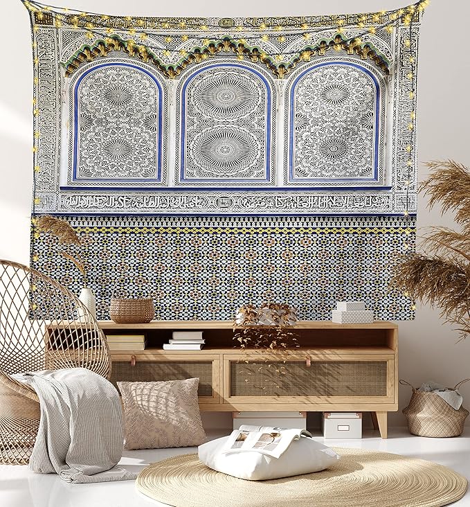 Ambesonne Orient Tapestry King Size, Nostalgic Moroccan Architecture Stone Carving and Motifs Majestic Ottoman Empire, Wall Hanging Bedspread Bed Cover Wall Decor, 104" X 88", Grey Blue