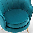 Velvet Barrel Accent Chair with Scalloped Silhouette and Gold Metal Legs, Decorative Piece Suitable for Traditional, Modern, and Contemporary Spaces, Greenish Blue