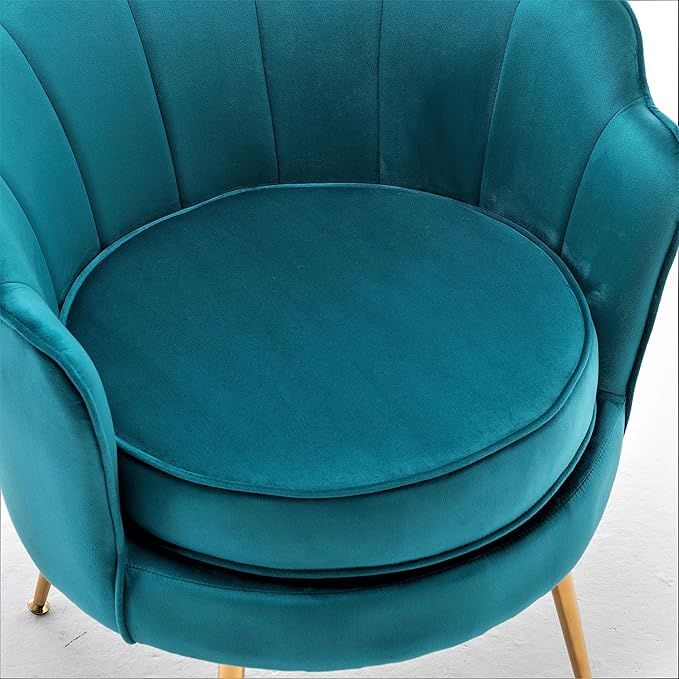 Velvet Barrel Accent Chair with Scalloped Silhouette and Gold Metal Legs, Decorative Piece Suitable for Traditional, Modern, and Contemporary Spaces, Greenish Blue