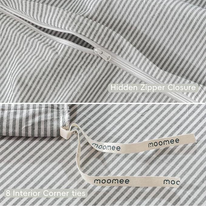 MooMee Striped Duvet Cover Set 100% Washed Cotton Linen Like Textured Breathable Durable Soft Comfy (Dark Grey White Pinstripes, Queen 90"x90")