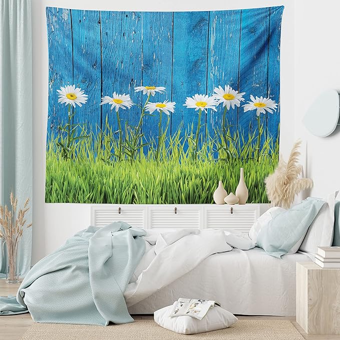 Ambesonne Flower Tapestry, Fresh Springtime Grass and Daisy on Fence Summer Simple Vintage Style Print, Wide Wall Hanging for Bedroom Living Room Dorm, 60" X 40", Blue and Green