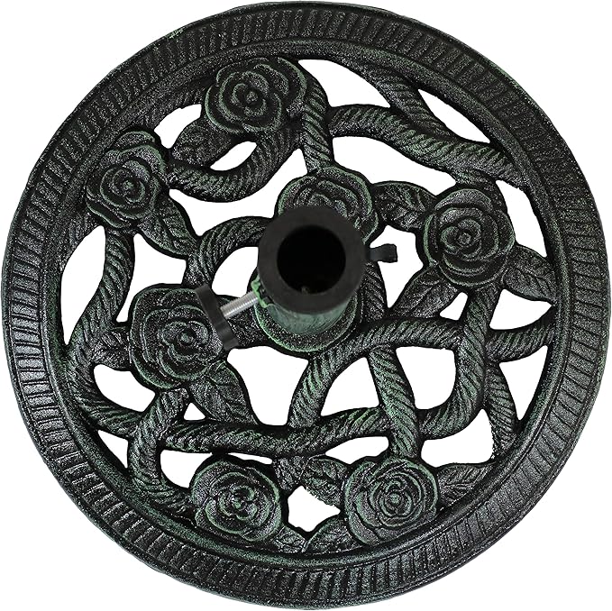 Sunnydaze 17lb Cast Iron Patio Umbrella Base - Heavy-Duty Round Metal Outdoor Market Umbrella Stand for Outside - 16-Inch - Green - Rose Blossom