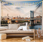 Ambesonne New York Tapestry, Manhattan Bridge and the New York Skyline at Sunset East River Highrise Buildings, Fabric Wall Hanging Decor for Bedroom Living Room Dorm, 30" X 45", Camel Blue