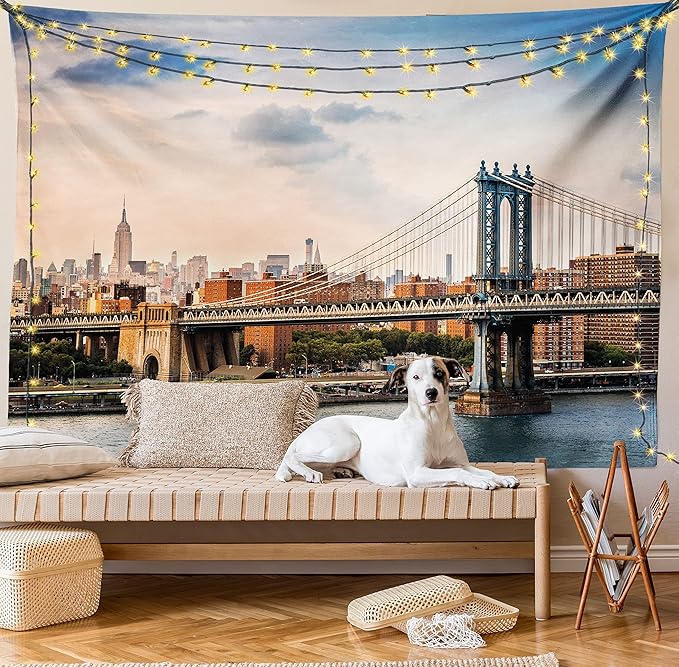 Ambesonne New York Tapestry, Manhattan Bridge and the New York Skyline at Sunset East River Highrise Buildings, Fabric Wall Hanging Decor for Bedroom Living Room Dorm, 23" X 28", Camel Blue