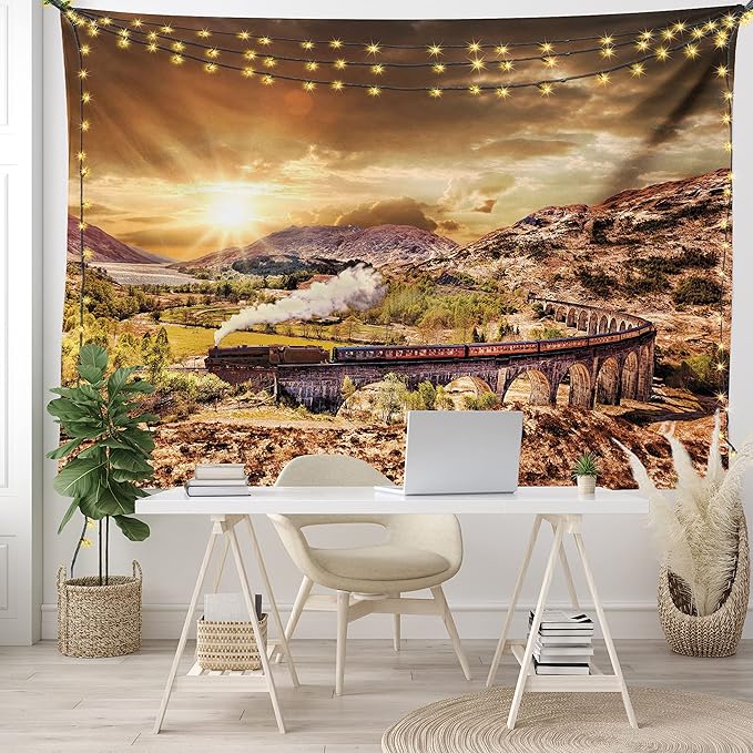 Ambesonne Wizard Tapestry, Wizard Express Famous Train Landscape Glenfinnan Railway Viaduct Scotland Sunset, Fabric Wall Hanging Decor for Bedroom Living Room Dorm, 45" X 30", Brown Green