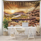 Ambesonne Wizard Tapestry, Wizard Express Famous Train Landscape Glenfinnan Railway Viaduct Scotland Sunset, Fabric Wall Hanging Decor for Bedroom Living Room Dorm, 28" X 23", Brown Green