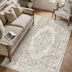 4x6 Area Rug Beige Washable Office Vintage Distressed Carpet Bedroom Indoor Medallion Floral Living Room Non Slip Retro Throw Floor Mat for Dining Room Kitchen Bathroom