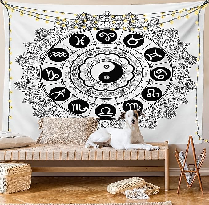 Ambesonne Ying Yang Tapestry, Round Zodiac Theme Design in Centre Astrology Signs Print, Fabric Wall Hanging Decor for Bedroom Living Room Dorm, 28" X 23", White Black