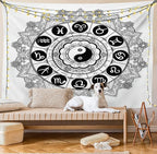 Ambesonne Ying Yang Tapestry, Round Zodiac Theme Design in Centre Astrology Signs Print, Fabric Wall Hanging Decor for Bedroom Living Room Dorm, 28" X 23", White Black