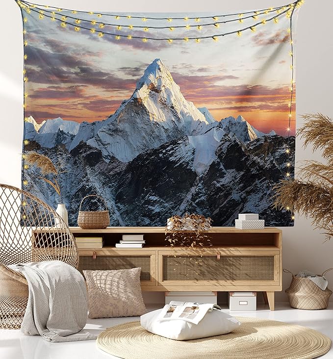Ambesonne Mountain Tapestry King Size, Evening South High Hill Above the Sky Colorful Nepal Everest Photo, Wall Hanging Bedspread Bed Cover Wall Decor, 104" X 88", Bluegrey Salmon