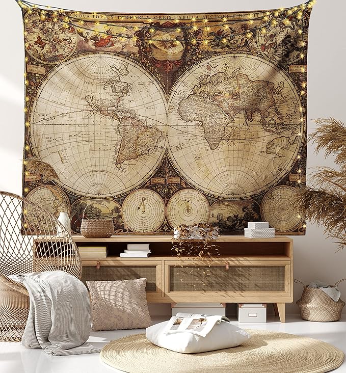 Ambesonne World Map Tapestry, Old World Map Drawn in 1720s Nostalgic Style Art Historical Atlas Vintage Design, Fabric Wall Hanging Decor for Bedroom Living Room Dorm, 45" X 30", Multicolor