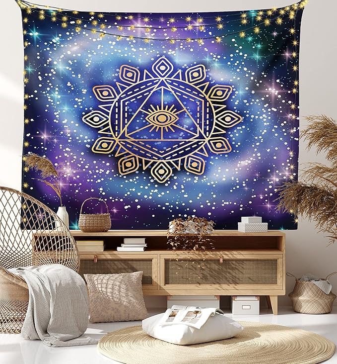 Ambesonne Geometry Tapestry, Celestial and Terrestrial Harmony of Cosmos Mandala Form on Nebula Art, Fabric Wall Hanging Decor for Bedroom Living Room Dorm, 45" X 30", Indigo