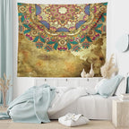 Ambesonne Grunge Tapestry, Paisley Like Mandala Motif with Flowers Leaves and Buds Image, Fabric Wall Hanging Decor for Bedroom Living Room Dorm, 28" X 23", Dark Mustard Sepia