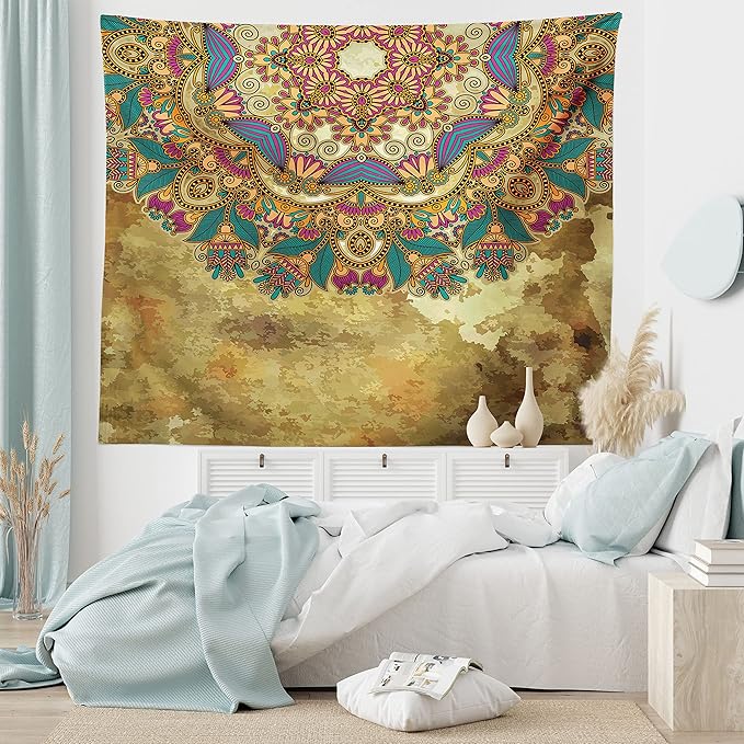 Ambesonne Grunge Tapestry Twin Size, Paisley Like Mandala Motif with Flowers Leaves and Buds Image, Wall Hanging Bedspread Bed Cover Wall Decor, 68" X 88", Dark Mustard Sepia