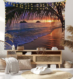 Ambesonne Hawaiian Tapestry, Pacific Sunrise at Lanikai Beach Hawaii Sandy Tropics Hills Leaves Landmark, Fabric Wall Hanging Decor for Bedroom Living Room Dorm, 45" X 30", Umber Purple