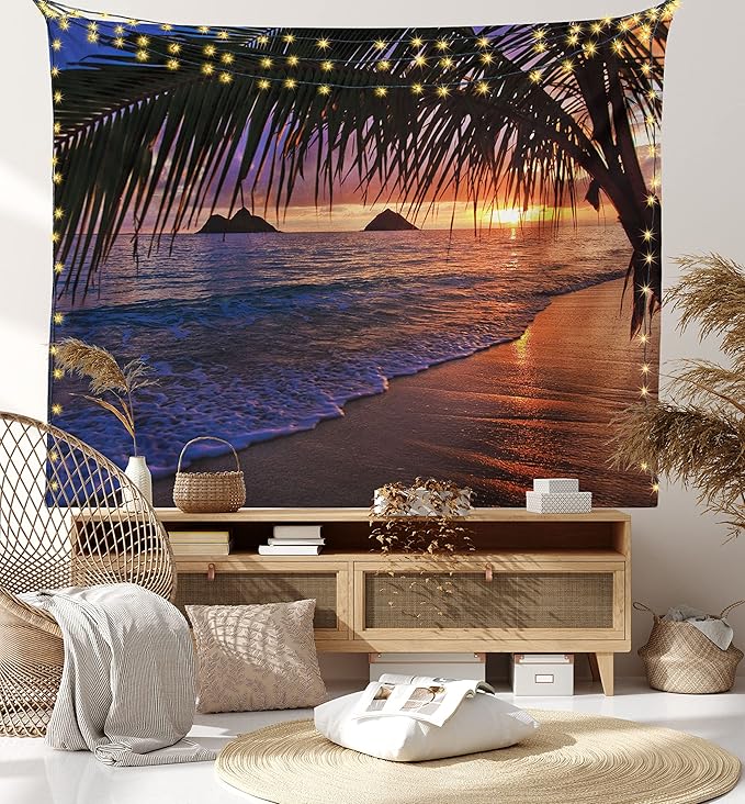 Ambesonne Hawaiian Tapestry, Pacific Sunrise at Lanikai Beach Hawaii Sandy Tropics Hills Leaves Landmark, Fabric Wall Hanging Decor for Bedroom Living Room Dorm, 28" X 23", Umber Purple