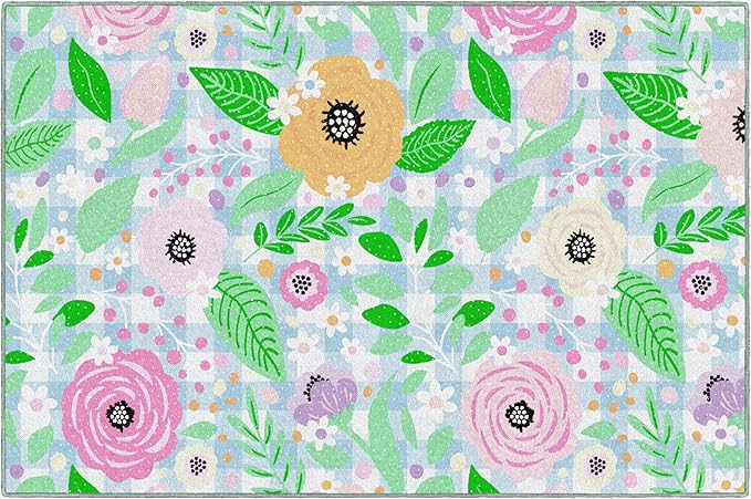 Flagship Carpets Schoolgirl Style Pretty in Pastel Floral On Gingham Educational Area Rug for Kids Room, Children's Classroom Rug for Teaching and Playroom, 5' X 7'6"