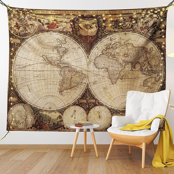Ambesonne World Map Tapestry King Size, Old World Map Drawn in 1720s Nostalgic Style Art Historical Atlas Vintage Design, Wall Hanging Bedspread Bed Cover Wall Decor, 23" X 28", Multicolor