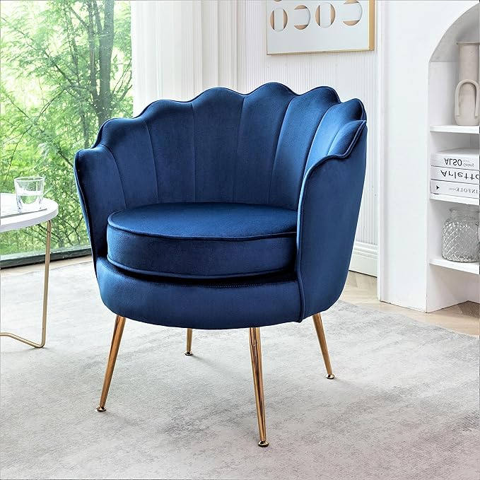 Velvet Barrel Accent Chair with Scalloped Silhouette and Gold Metal Legs, Decorative Piece Suitable for Traditional, Modern, and Contemporary Spaces, Navy Blue