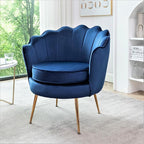 Velvet Barrel Accent Chair with Scalloped Silhouette and Gold Metal Legs, Decorative Piece Suitable for Traditional, Modern, and Contemporary Spaces, Navy Blue