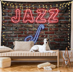 Ambesonne Music Tapestry Queen Size, Image of Alluring Neon All Jazz Sign Saxophone Instrument on Brick Wall Print, Wall Hanging Bedspread Bed Cover Wall Decor, 88" X 88", Red Blue