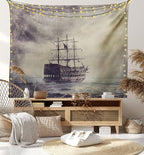 Ambesonne Nautical Tapestry King Size, Old Pirate Ship in the Sea Historical Cruise Retro Voyage Grunge Style Art, Wall Hanging Bedspread Bed Cover Wall Decor, 104" X 88", Tan Plum