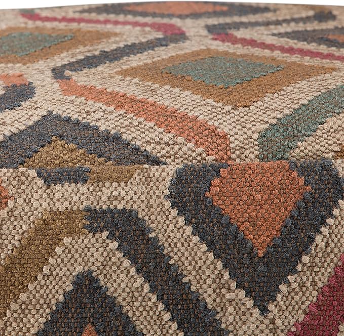 SIMPLIHOME Johanna Square Pouf - 20 inch Wide Upholstered Cotton and Jute Kilim Ottoman in Multi-Color, Boho Footstool or Extra Seating for Living Room with Polystyrene Bead Filling, Assembled