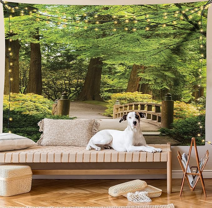 Ambesonne Japanese Tapestry, Wooden Bridge over Pond in Garden Calmness in Shadow of Trees Serenity in Nature, Fabric Wall Hanging Decor for Bedroom Living Room Dorm, 28" X 23", Green Brown