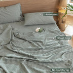 MooMee Gingham Duvet Cover Set 100% Washed Cotton Linen Like Textured Breathable Durable Soft Comfy Modern Checkered Design (Mini Gingham Forest Green, Queen 90"x90")