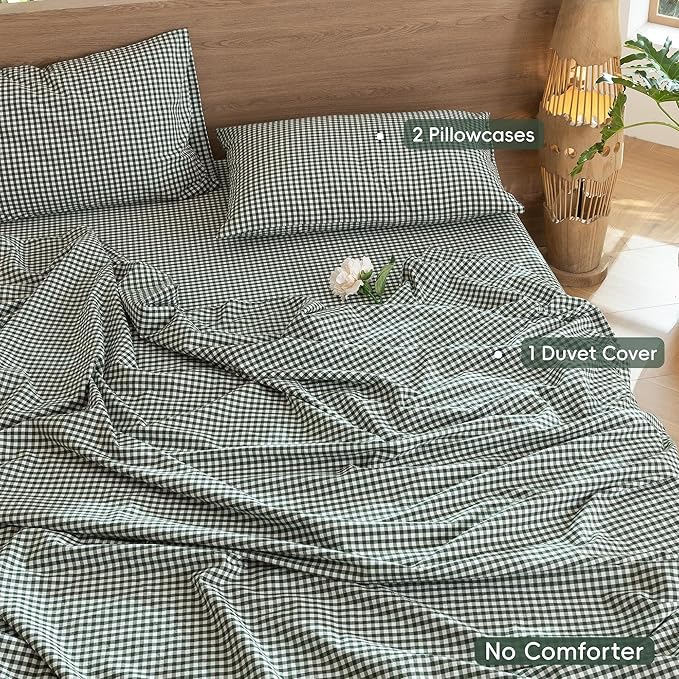 MooMee Gingham Duvet Cover Set 100% Washed Cotton Linen Like Textured Breathable Durable Soft Comfy Modern Checkered Design (Mini Gingham Forest Green, Palatial King/Oversized King 120"x98")