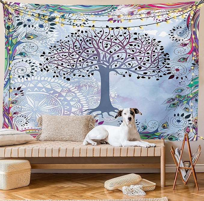 Ambesonne Nature Tapestry, Tree of Life Motif Peacock Feathers Tribal Vintage Prehistoric Flora Illustration, Fabric Wall Hanging Decor for Bedroom Living Room Dorm, 28" X 23", Blue
