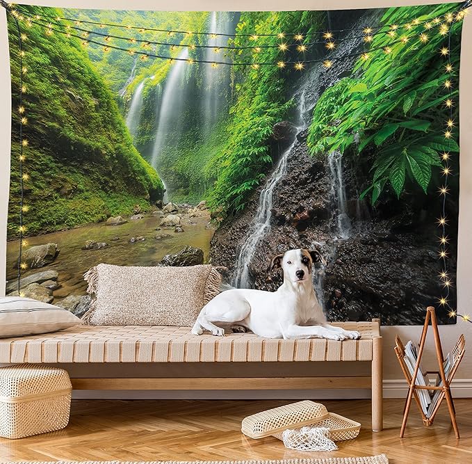 Ambesonne Waterfall Tapestry, Waterfalls Side Valley in Indonesia with Southeast Bushes Above Hills, Fabric Wall Hanging Decor for Bedroom Living Room Dorm, 28" X 23", Brown Green