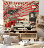 Ambesonne Cars Tapestry, Poster Style Image Gasoline Station Commercial Element Route 66 IllustrationPrint, Fabric Wall Hanging Decor for Bedroom Living Room Dorm, 45" X 30", Vermilion Beige