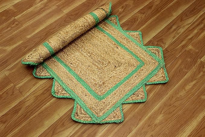 Scalloped Edge Rug, Hand Woven Natural Jute Area Rug, 2x3 Ft Beige & Green Braided Sisal Kilim Rugs for Living Room, Kitchen, Entryway, Farmhouse