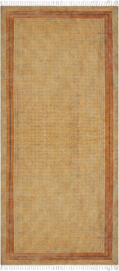 Kilim Runner 4x15 Cotton Runner Rug Bronze & Black Indoor Outdoor Runner 0.19 inches Stone Easy Washable Hand Wash Cotton Carpet Flatweave Runner Rugs for Hallway, Staircases, Corridor Runner