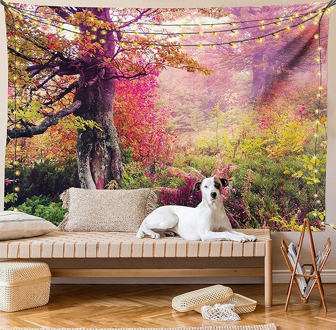Ambesonne Forest Tapestry, Majestic Landscape Autumn Trees in Woodland Natural Garden in Ukraine, Fabric Wall Hanging Decor for Bedroom Living Room Dorm, 30" X 45", Red Green Brown