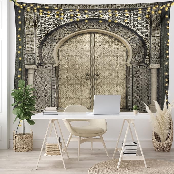 Ambesonne Moroccan Tapestry, Aged Door Geometric Pattern Doorway Design Entrance Architectural Oriental Style, Wide Wall Hanging for Bedroom Living Room Dorm, 60" X 40", Sepia Black