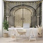 Ambesonne Moroccan Tapestry King Size, Aged Door Geometric Pattern Doorway Design Entrance Architectural Oriental Style, Wall Hanging Bedspread Bed Cover Wall Decor, 104" X 88", Sepia Black