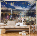 Ambesonne Cityscape Tapestry, Night View Hong Kong Victoria Harbor Business Financial District Cityscape Print, Wall Hanging for Bedroom Living Room Dorm Decor, 40" X 60", White Indigo