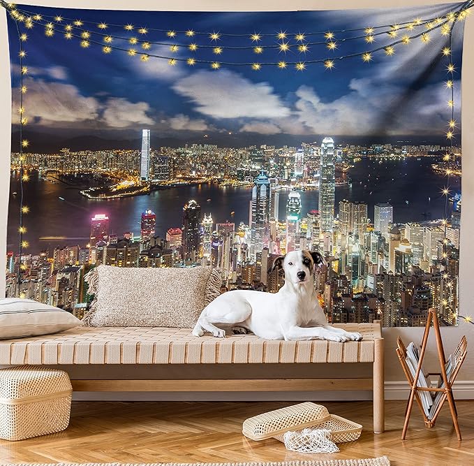 Ambesonne Cityscape Tapestry, Night View Hong Kong Victoria Harbor Business Financial District Cityscape Print, Fabric Wall Hanging Decor for Bedroom Living Room Dorm, 28" X 23", White Indigo