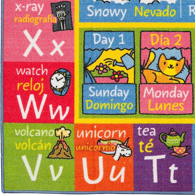 KC Cubs Bilingual Educational Kids Rug – English & Spanish ABC, Seasons & Days Mat – Language Learning Carpet Classroom & Playroom Baby-Toddler 3x5