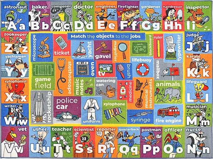 Looney Tunes Educational Kids Rug – ABC Alphabet, Professions & Jobs Matching Game Learning Mat – Interactive Classroom, Playroom & Bedroom Carpet 5x7