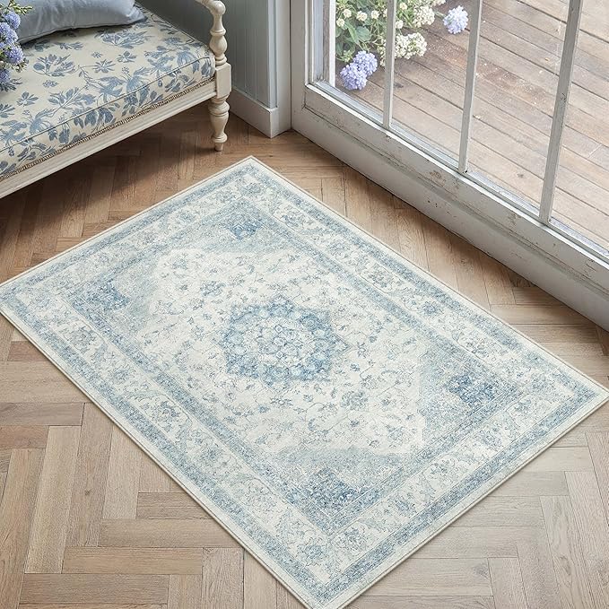 Blue Area Rug 2x3 Washable Vintage Small Carpet for Entryway Kitchen Soft Retro Low Pile Thin Door Mat Non Slip Oriental Medallion Throw Rug for Bathroom Office Bedroom Dining Room
