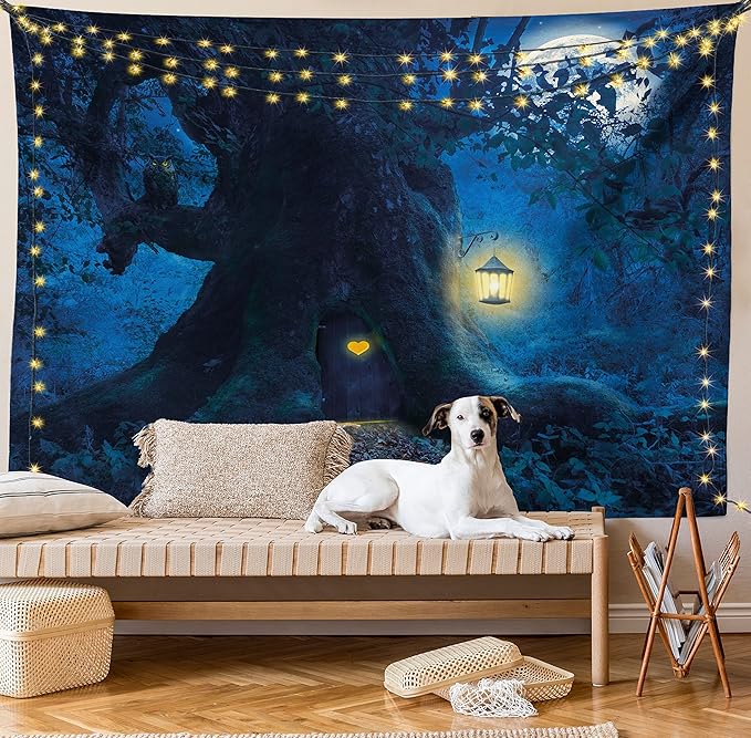 Ambesonne Forest Tapestry Queen Size, Night with Home in Trunk of Enchanted Tree, Wall Hanging Bedspread Bed Cover Wall Decor, 88" X 88", Dark Night Blue Mustard