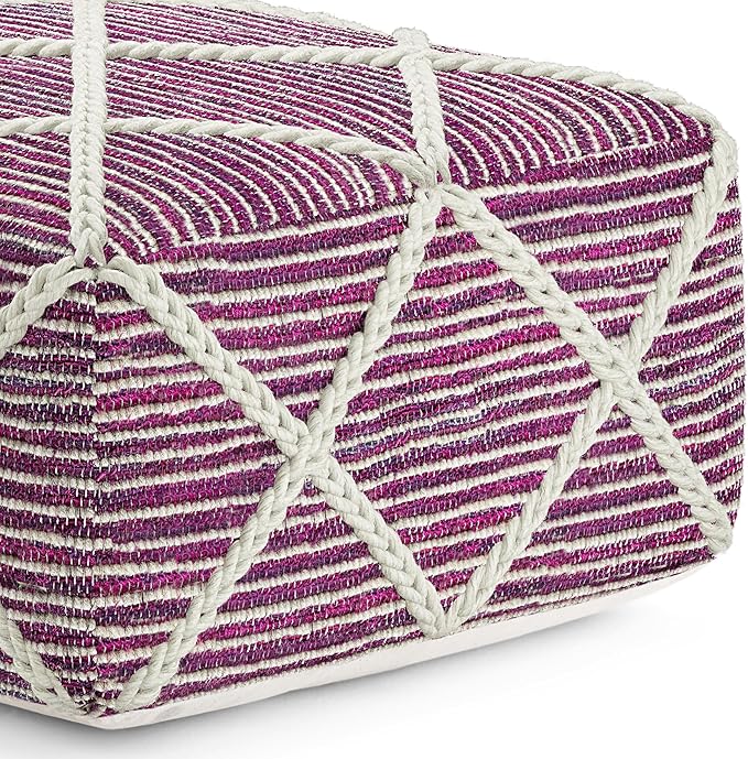 SIMPLIHOME Cowan Contemporary Square Pouf in Magenta and Natural Handloom Woven for the Living Room, Bedroom and Kids Room