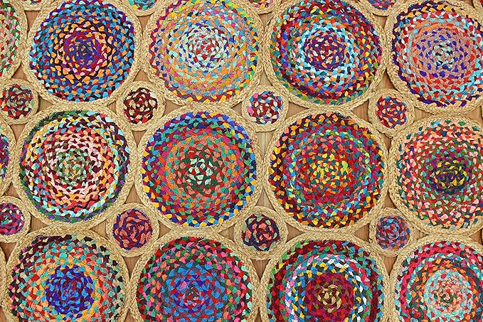 Scalloped Edge Rug, Natural Chindi Cotton and Jute Area Rug, 6x6 Ft Square Beige & Multicolor Hand Woven Kilim Rugs for Living Room, Kitchen, Entryway, Farmhouse