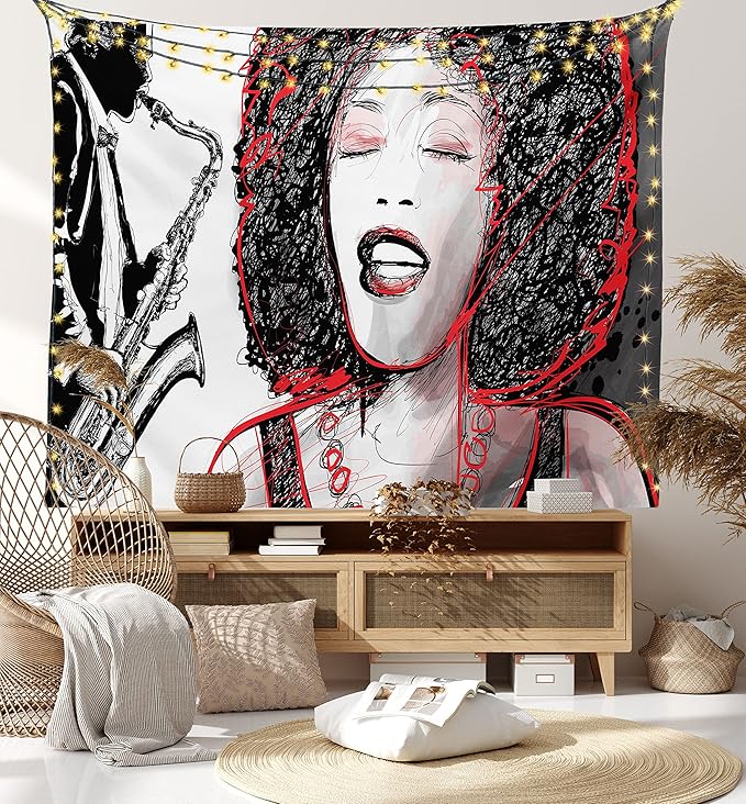 Ambesonne African Tapestry, Afro Lady Singing a Jazz Song with Saxophone Player Silhouette Vintage Design, Fabric Wall Hanging Decor for Bedroom Living Room Dorm, 28" X 23", Black Pale Grey