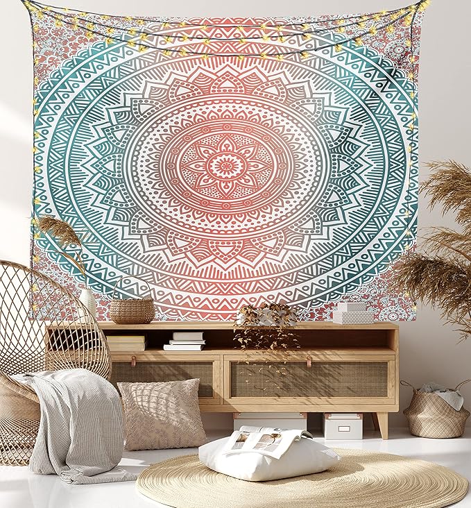 Ambesonne Teal and Coral Tapestry, Ombre Mandala Art Antique Gypsy Folk Pattern Cosmos Image, Fabric Wall Hanging Decor for Bedroom Living Room Dorm, 45" X 30", Teal Coral